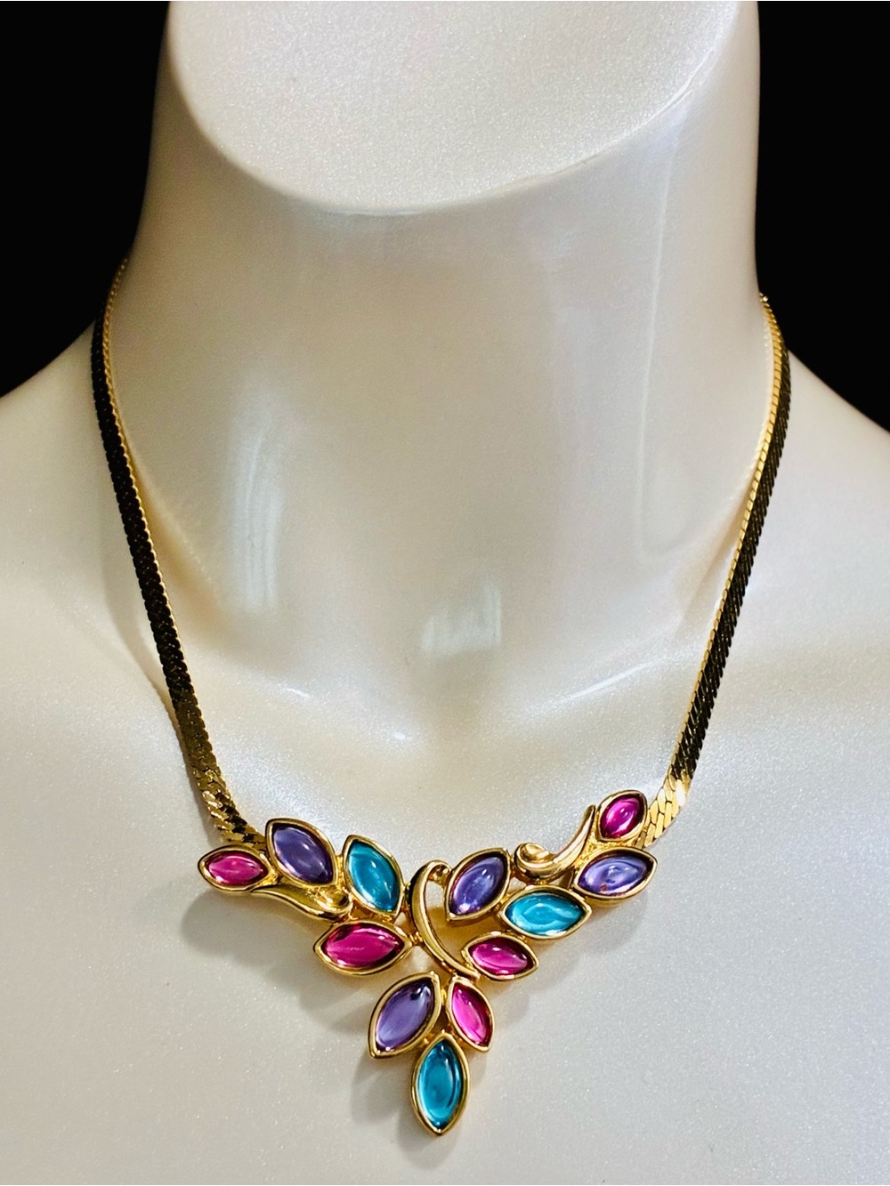 Trifari Gold-Tone Leaf Necklace with Pink, Purple and Blue Cabochons